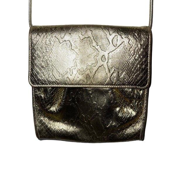 Vintage Womens Crossbody Shoulder Bag One Size Gold Snake Embossed Leather Snap - Picture 10 of 10